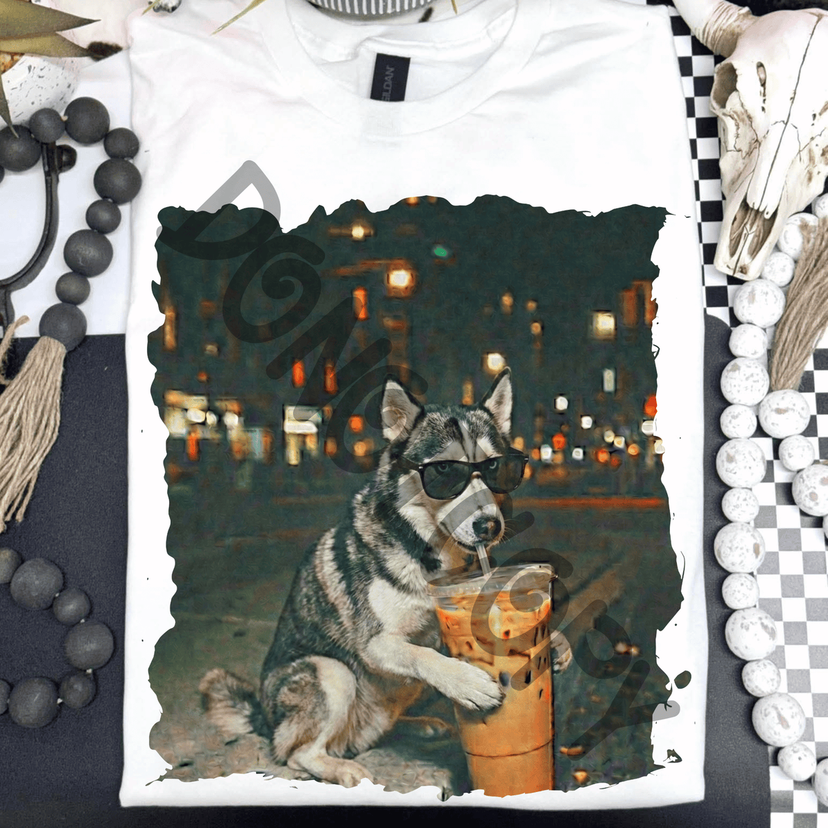 Husky drinking iced coffee - DTF TRANSFER (PVC)