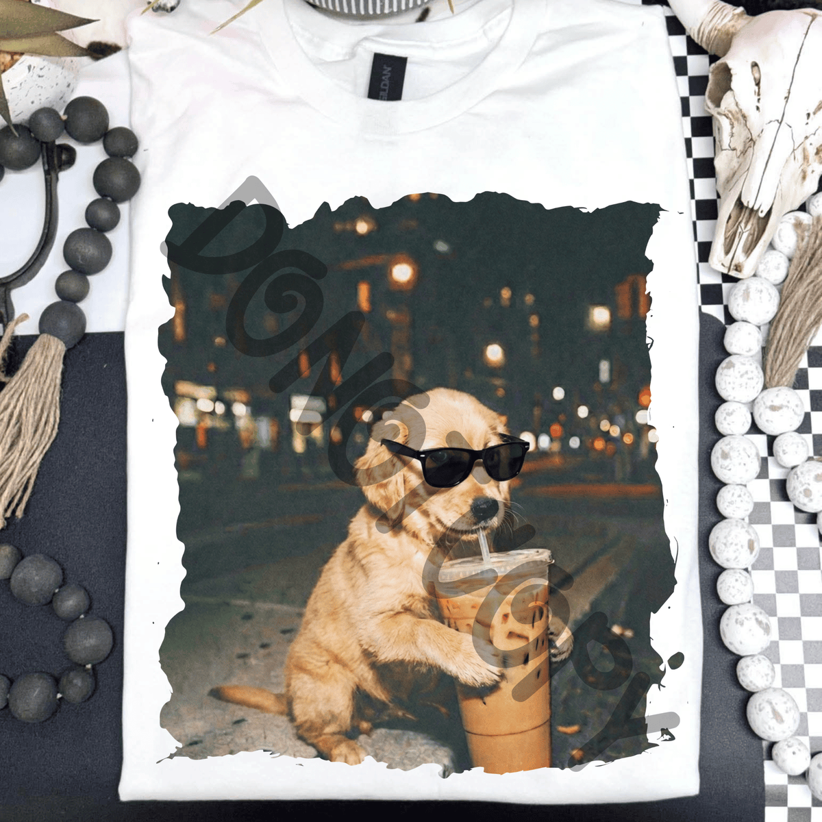Golden retriever drinking iced coffee - DTF TRANSFER (PVC)
