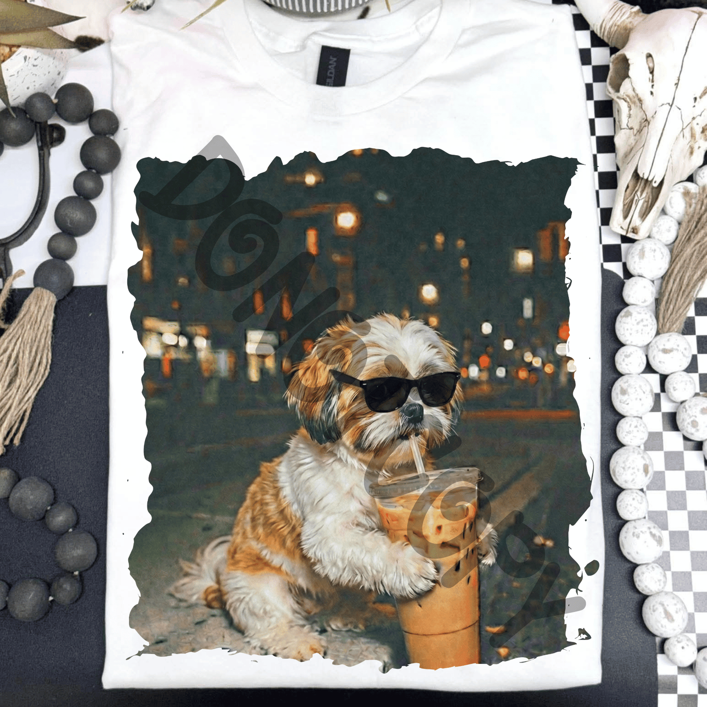 Shih Tzu drinking iced coffee - DTF TRANSFER (PVC)