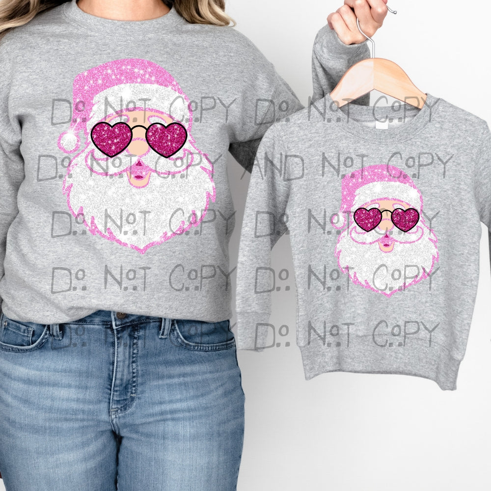 Pink Santa faux glitter with heart glasses hippie - DTF TRANSFER ONLY