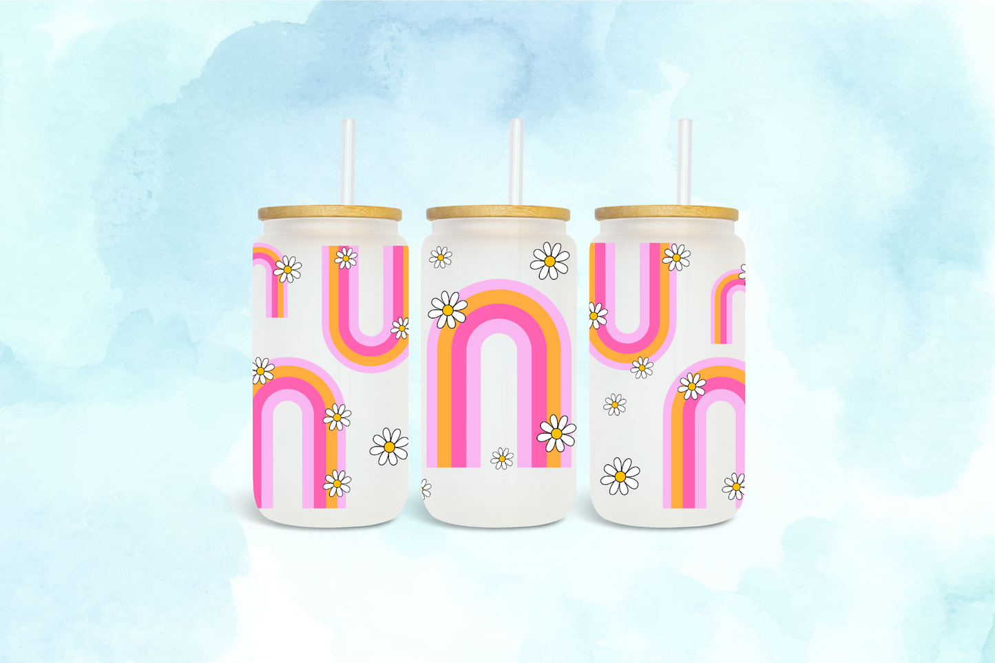 Retro boho rainbows and flowers - UV dtf wrap 16oz libbey