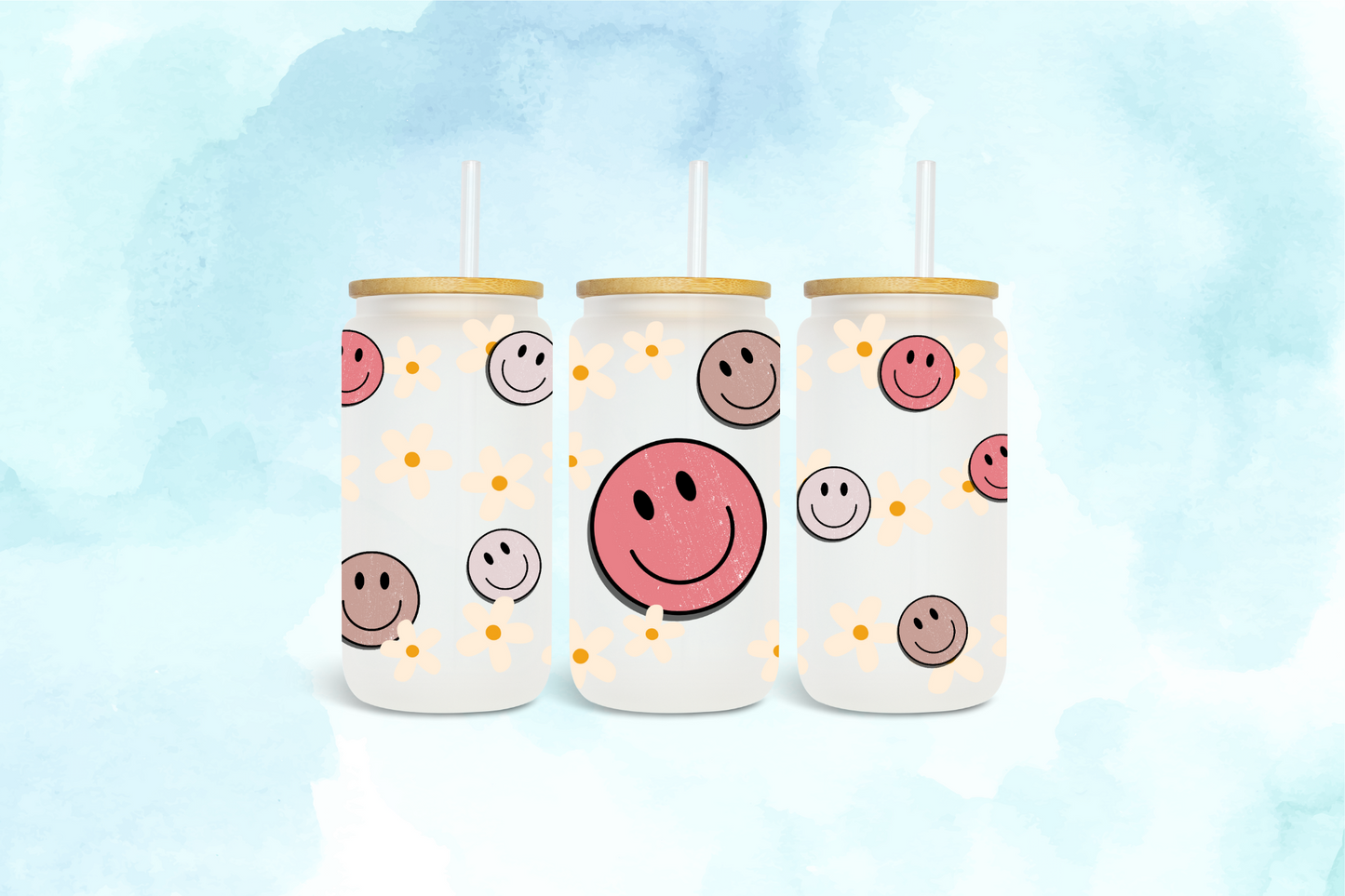 Distressed pastel smileys and flowers - UV dtf wrap 16oz libbey