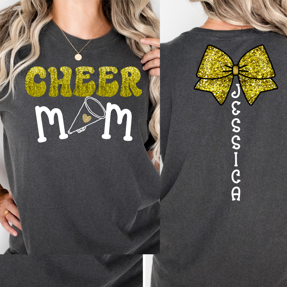 Cheer, Cheer Mom, Cheer Aunt front & back faux glitter, custom, personalized ; DTF TRANSFER ONLY (WRS)