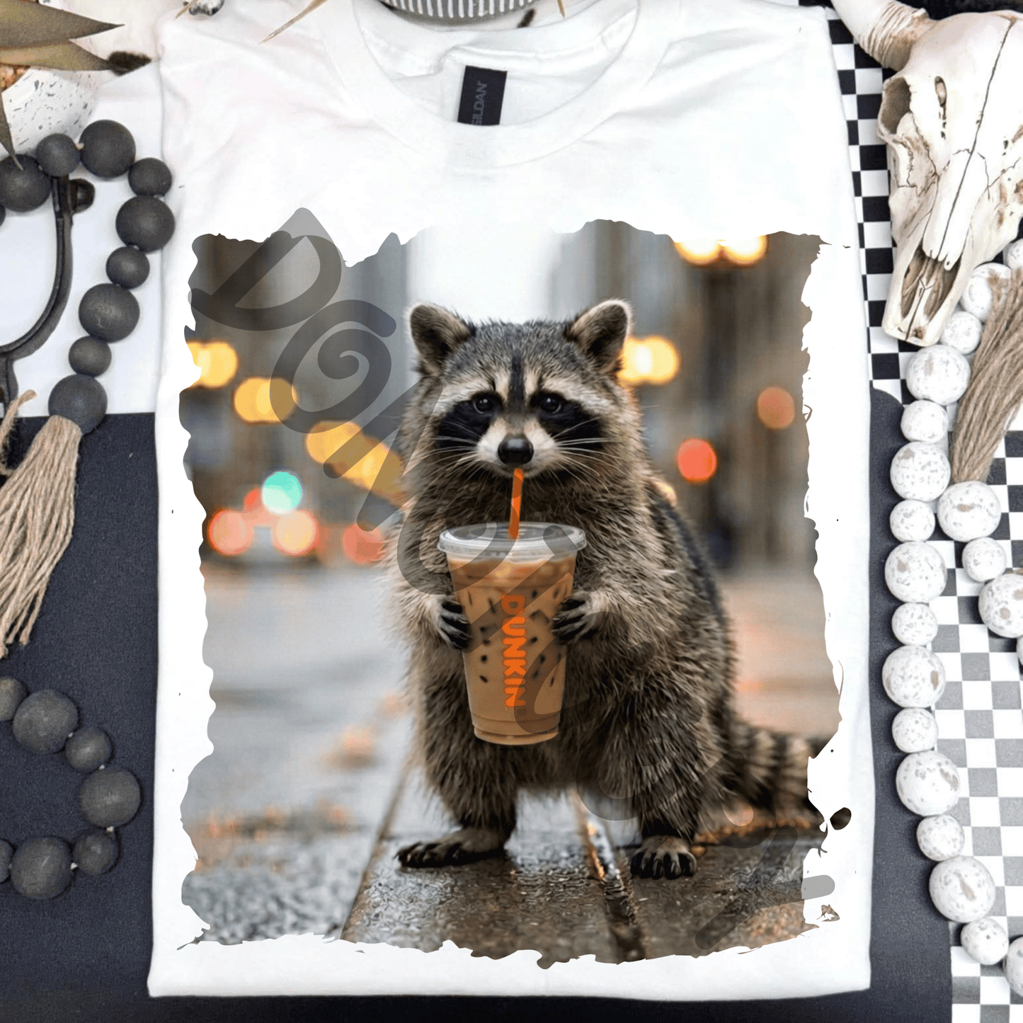 Raccoon drinking DD iced coffee - DTF TRANSFER (PVC)