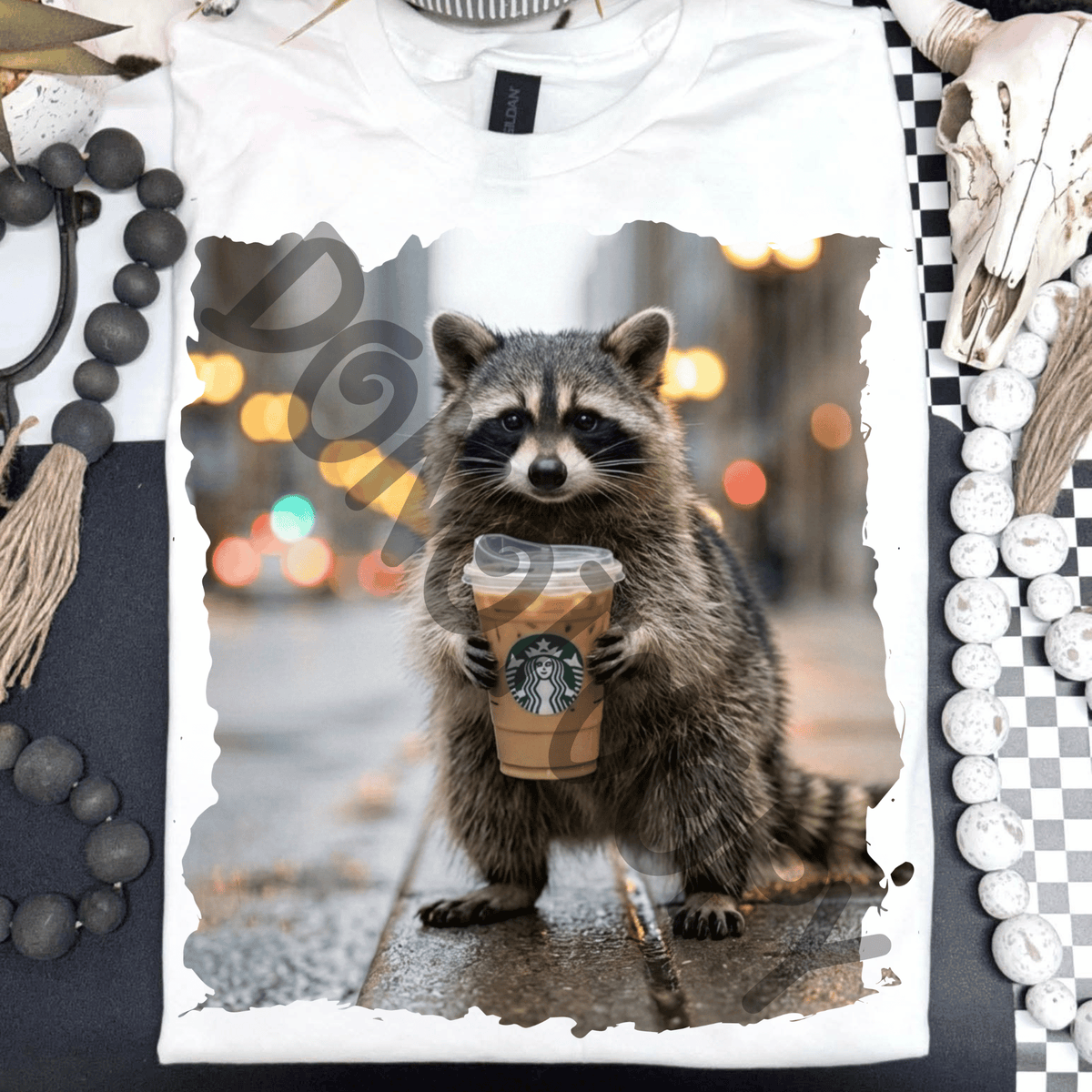 Raccoon drinking Starbies iced coffee - DTF TRANSFER (PVC)