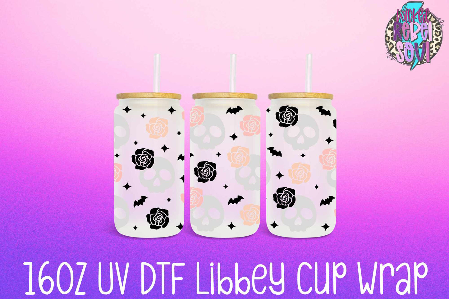 Flowers and Bats - FOR Libbey glass can 16oz UV DTF cup wrap decal
