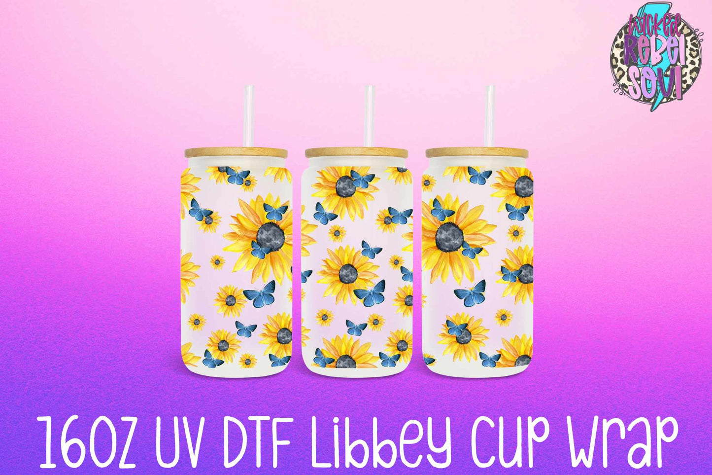 Sunflowers and Butterflies - FOR Libbey glass can 16oz UV DTF cup wrap decal