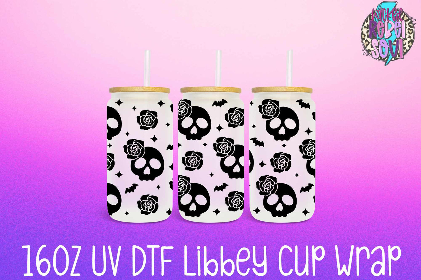 Skulls and Bats - FOR Libbey glass can 16oz UV DTF cup wrap decal