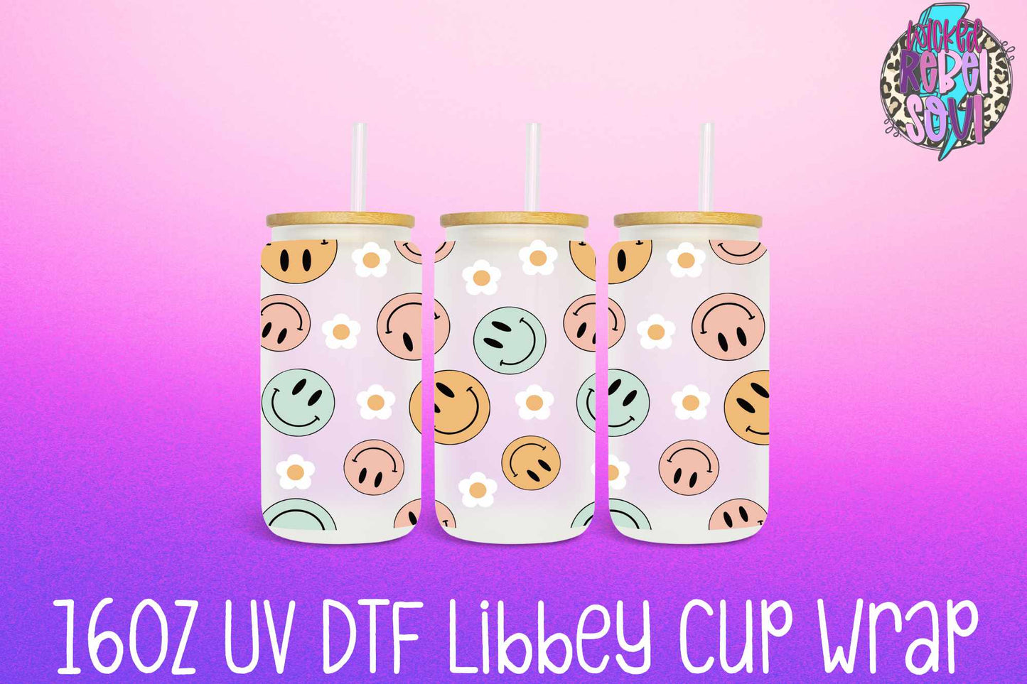 Smileys and Flowers - FOR Libbey glass can 16oz UV DTF cup wrap decal