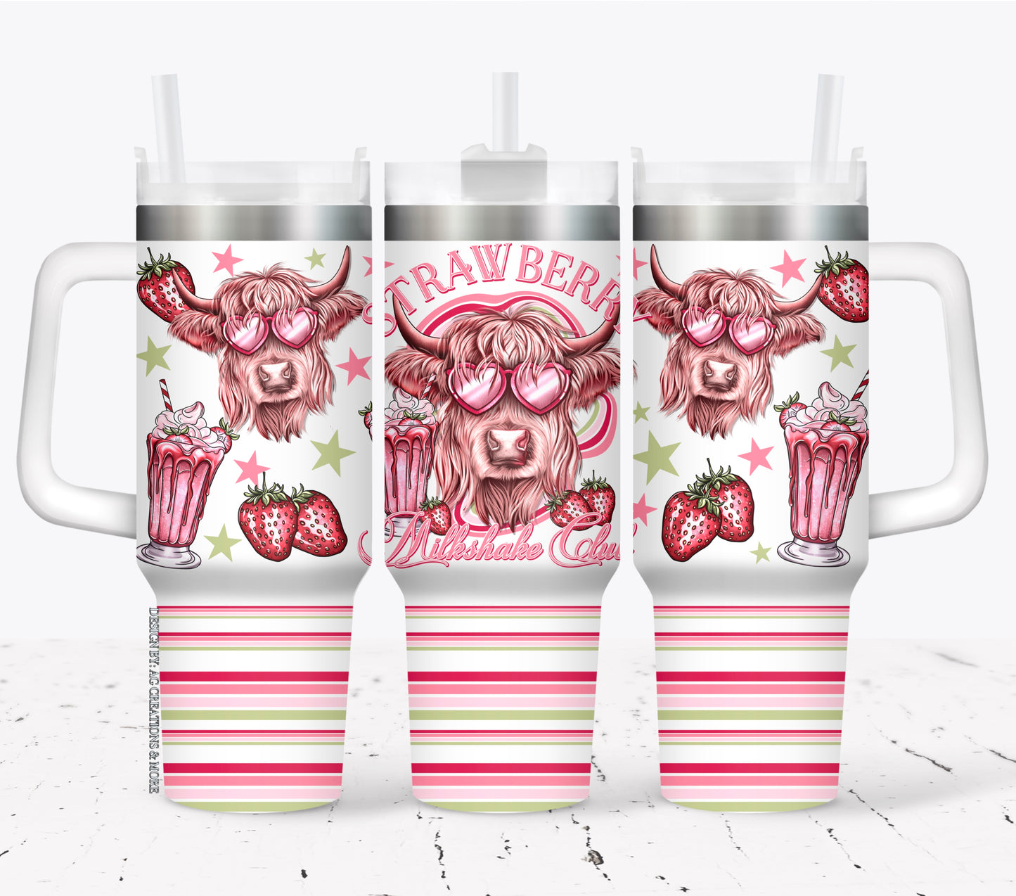 Strawberry Milkshake Club highland cow ; UV DTF 40OZ TUMBLER Wrap (top & bottom) AGCM