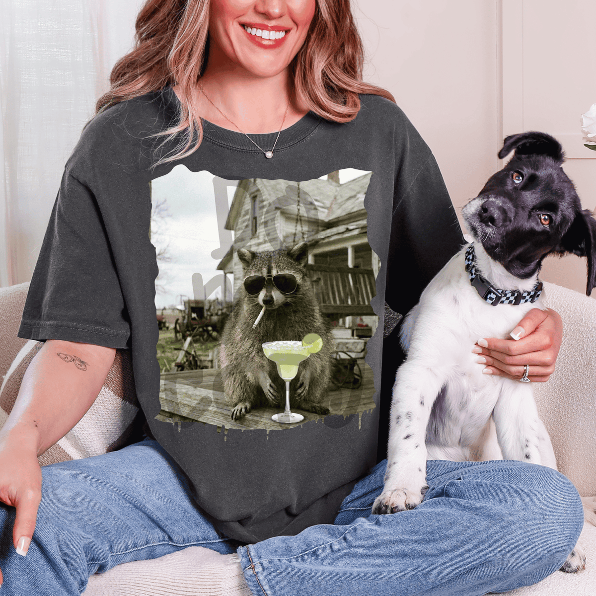 Raccoon front porch drinking margarita - DTF TRANSFER (PVC)