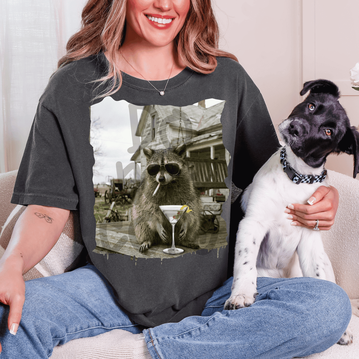 Raccoon drinking martini - DTF TRANSFER (PVC)