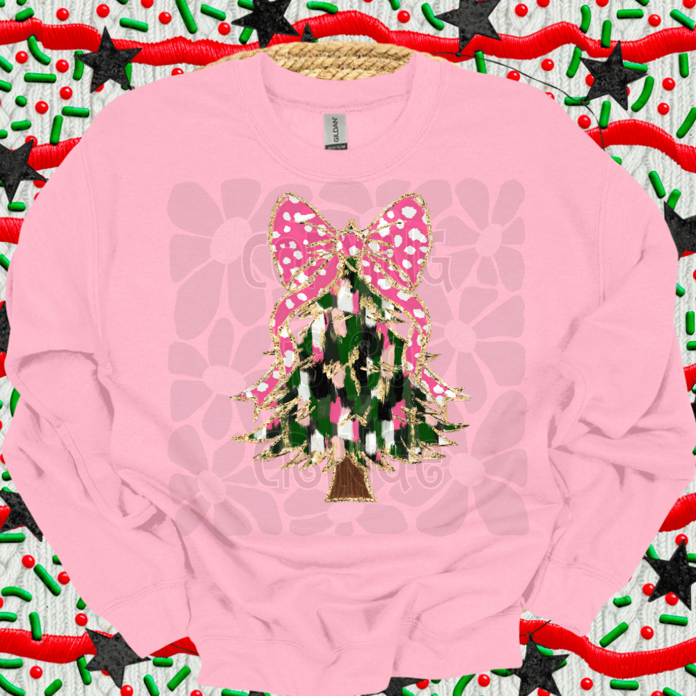 Boujee Xmas tree with bow PINK dalmatian dot - DTF TRANSFER (WRS)