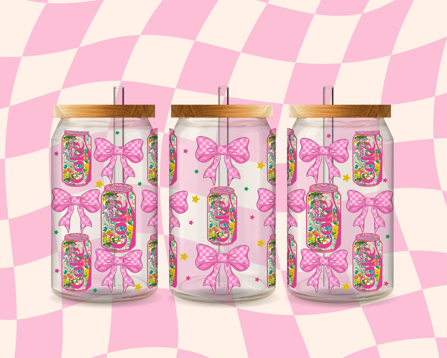 DC floral bow coquette grid - UV dtf wrap 16oz libbey : MMDD