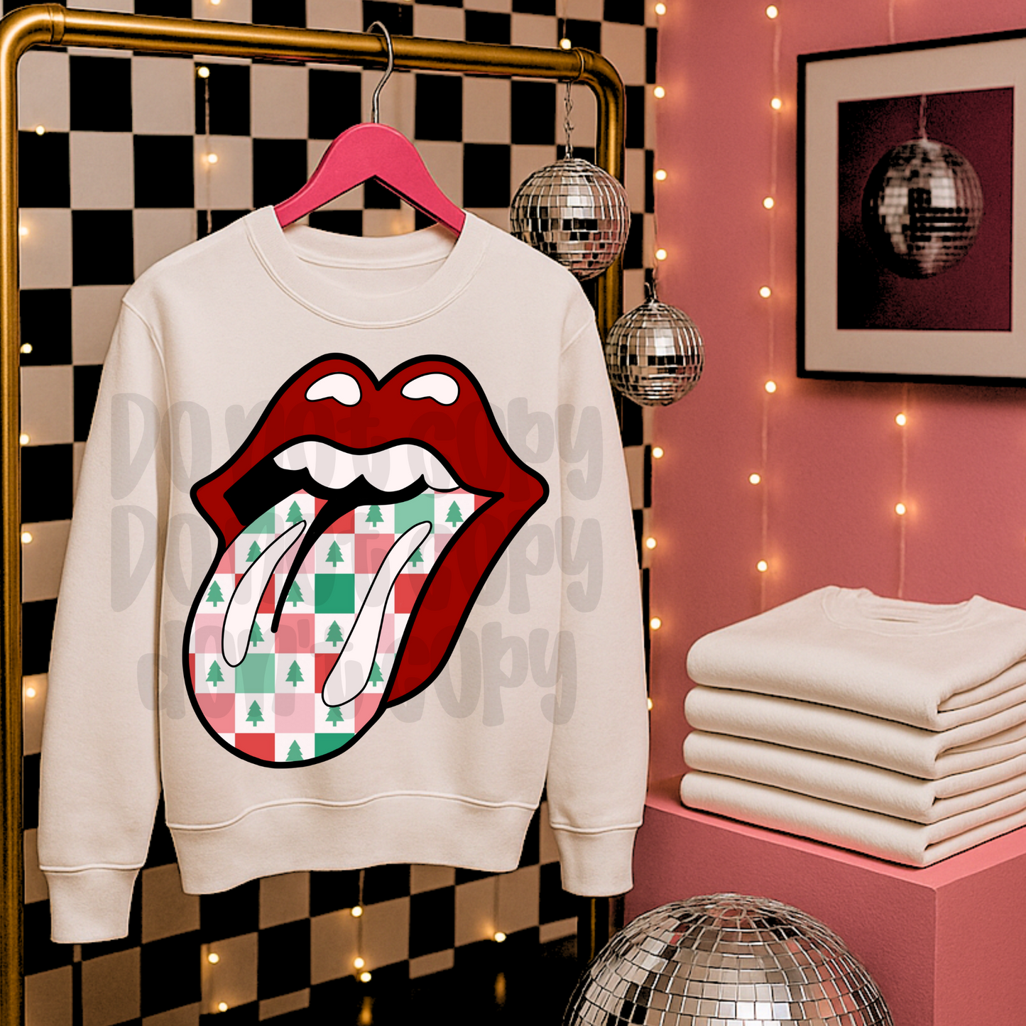 Checkered trees Christmas rolling lip and tongue EXCLUSIVE - DTF TRANSFER