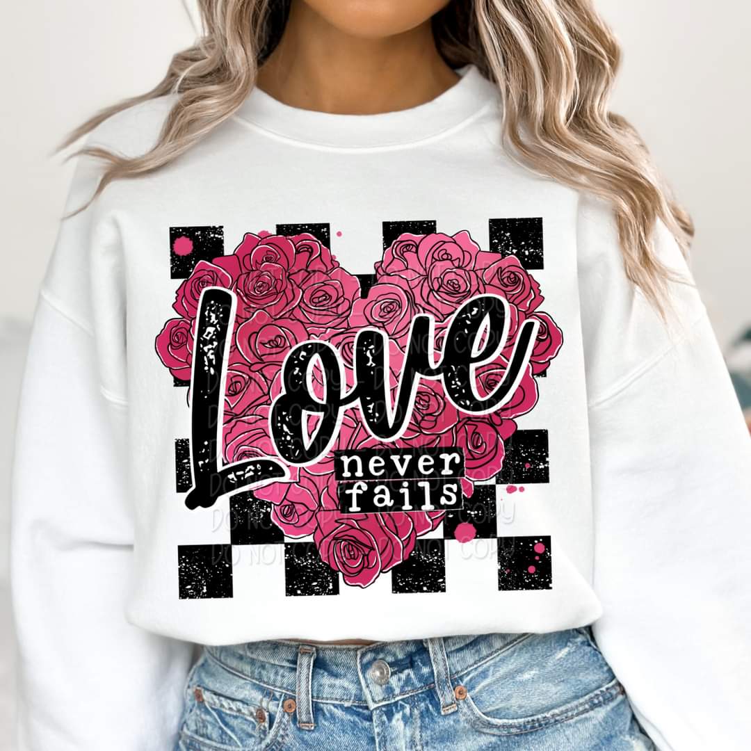 Love never fails heart roses checkered - DTF TRANSFER (KD collab)