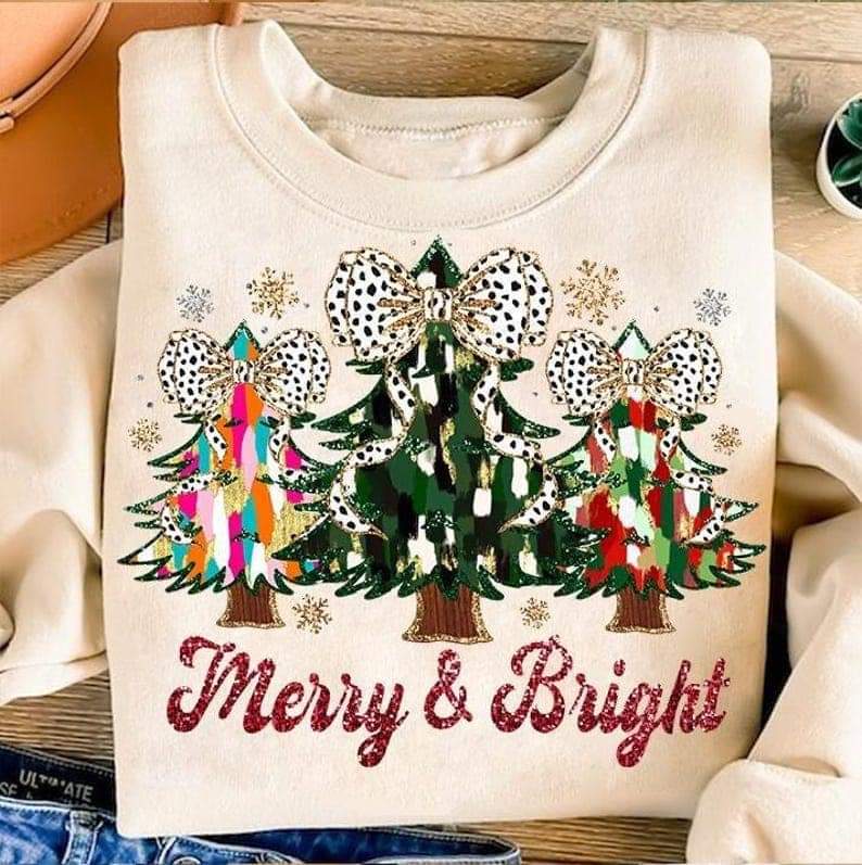 Merry & Bright paint strokes Christmas trees - DTF TRANSFER