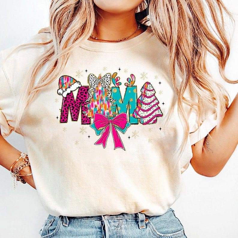Mama pink aqua paint strokes Christmas tree - DTF TRANSFER