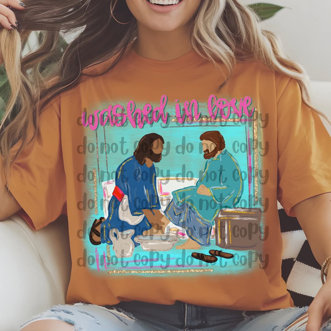 Washed in love pink Jesus washed feet hand painted drawing - DTF TRANSFER