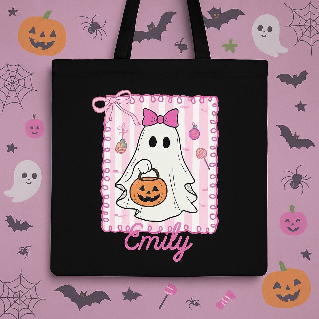Pink ghost - DTF TRANSFER (personalized halloween tote bag print)