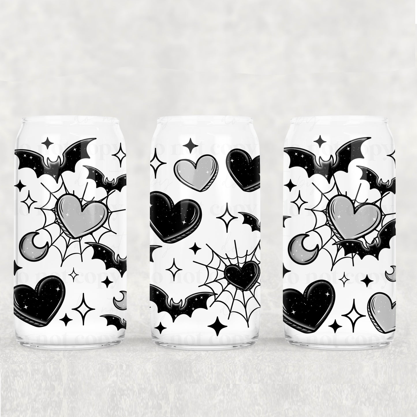 Bat hearts black & gray - UV dtf wrap 16oz libbey : CSC