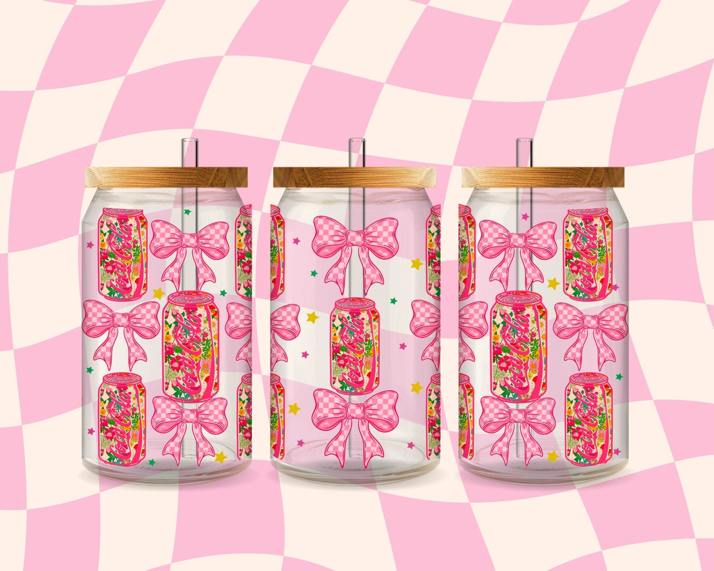 CC floral bow coquette grid - UV dtf wrap 16oz libbey : MMDD