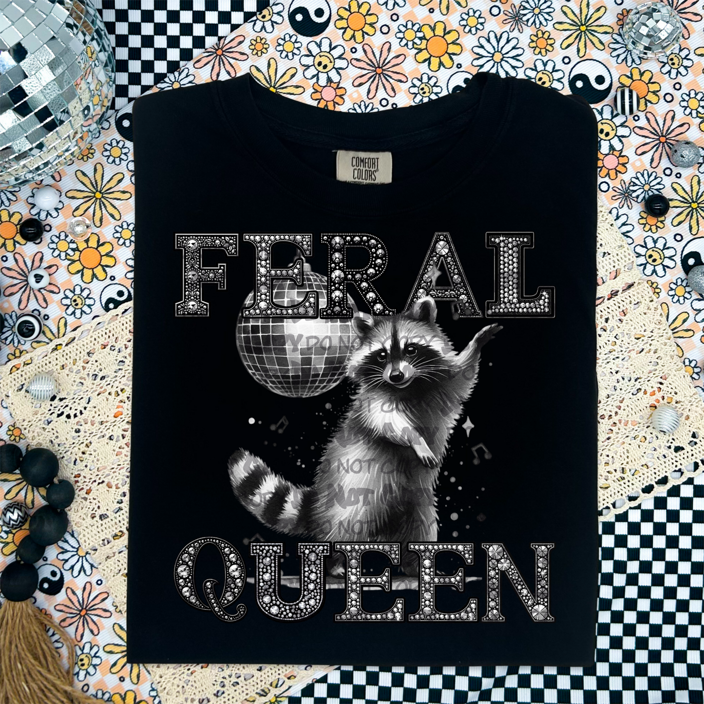 Feral queen raccoon faux rhinestones - DTF TRANSFER (LCD)