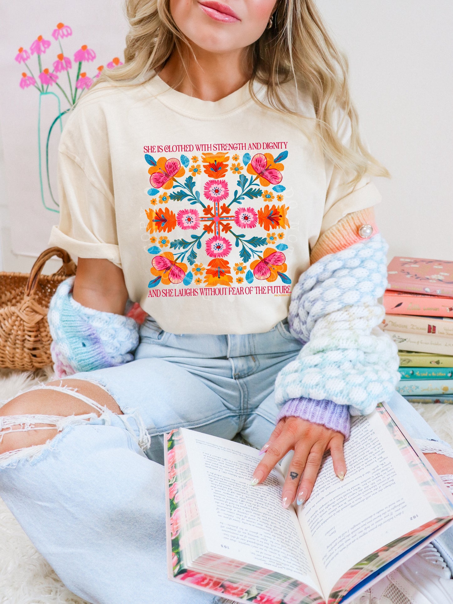 She is clothed with strength and dignity faith floral - DTF TRANSFER (PHDC F25)