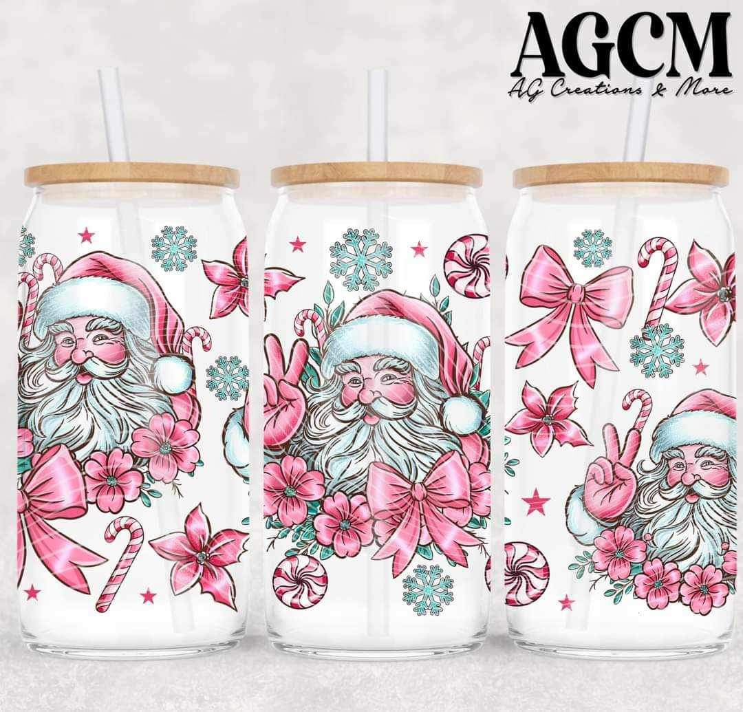 Pink Santa - FOR Libbey glass can 16oz UV DTF cup wrap decal (AGCM Oct24)
