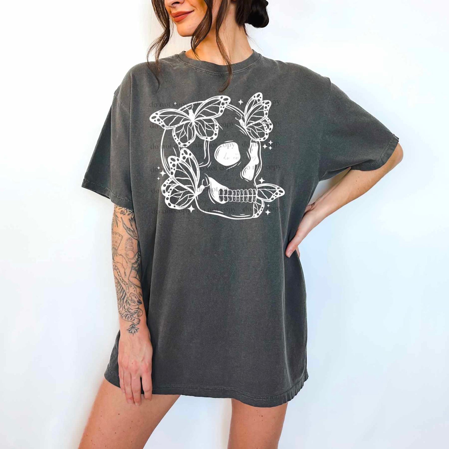 Skull w/ butterflies white-DTF TRANSFER (CSC)