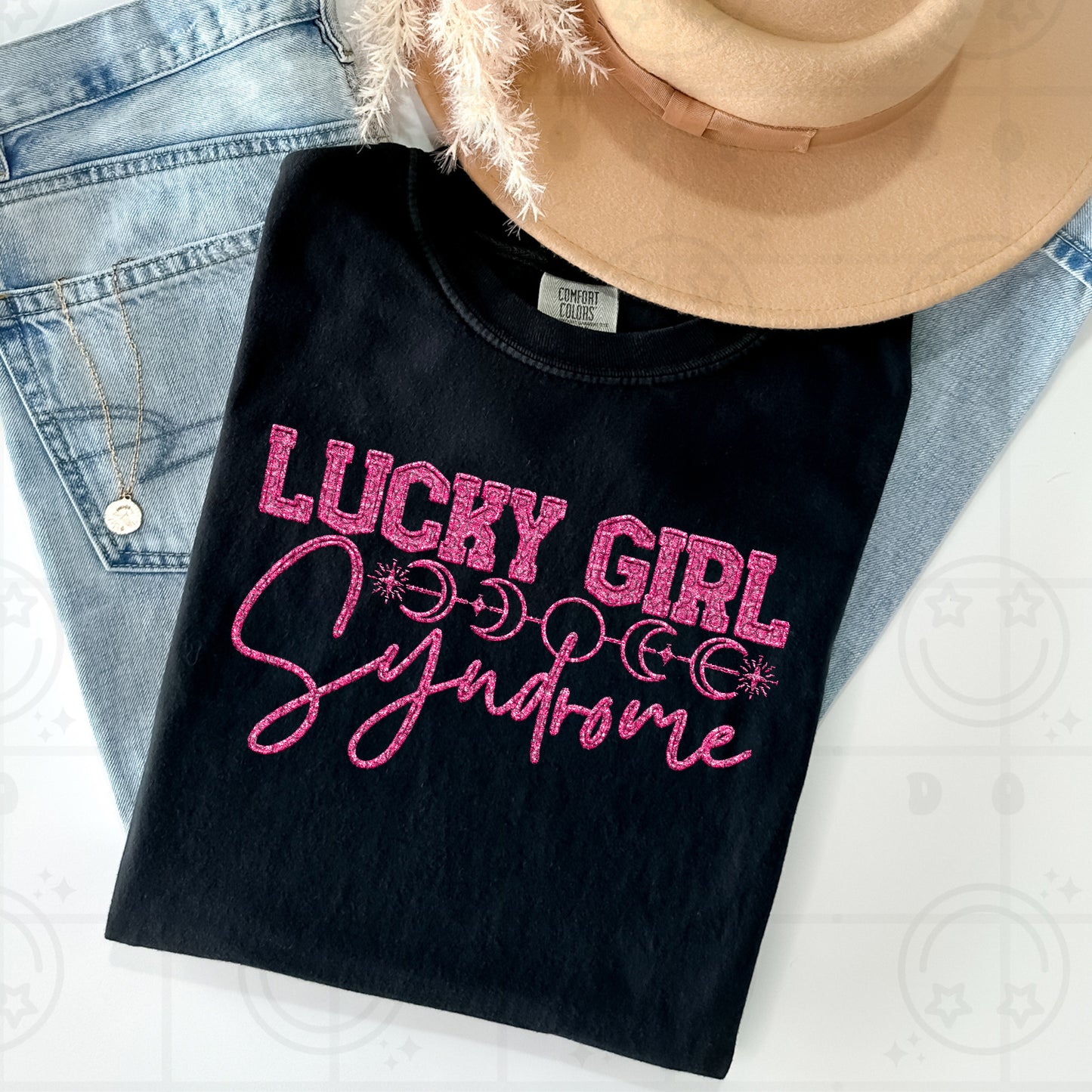 Lucky girl syndrome, pink faux embroidery-DTF TRANSFER (HWD/F25)