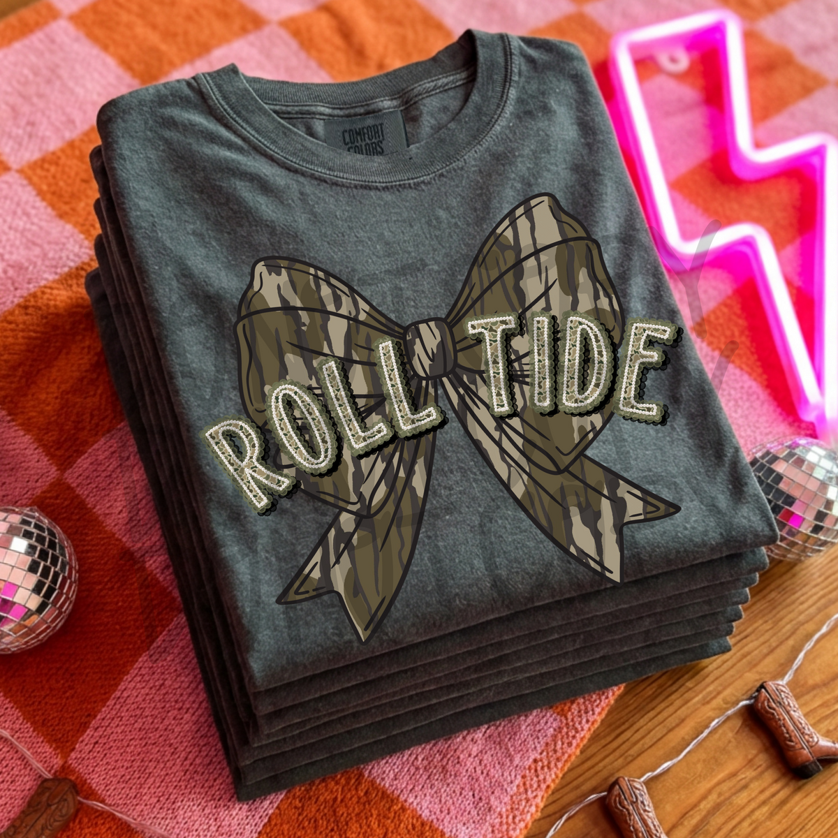 ROLL TIDE camo pearl lace bow - DTF TRANSFER (PVC)