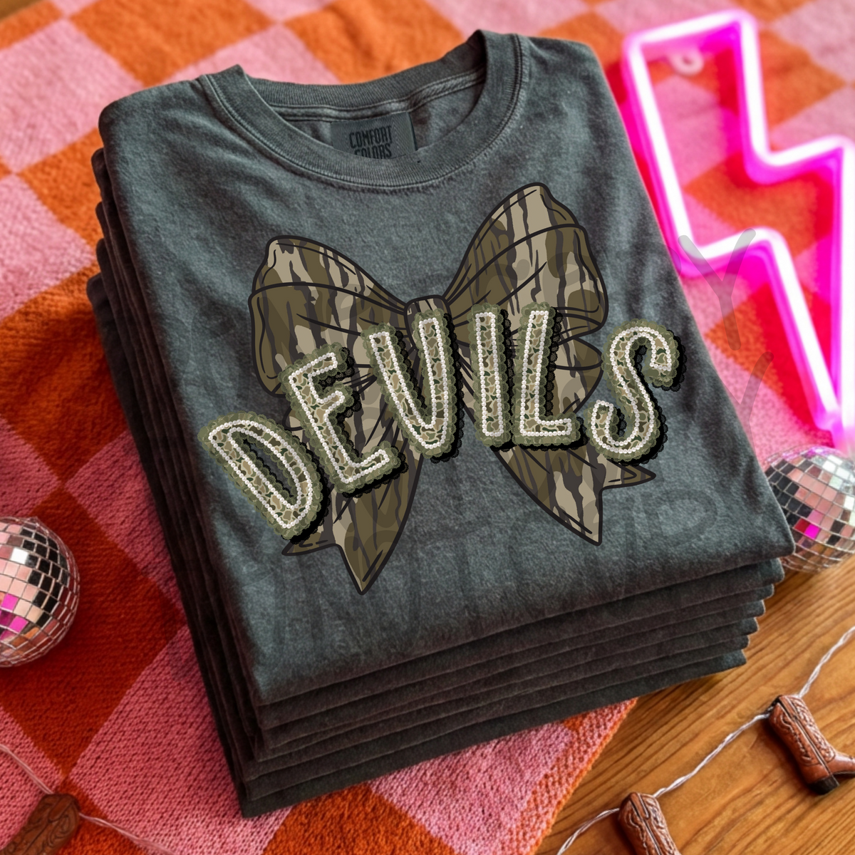 DEVILS camo pearl lace bow - DTF TRANSFER (PVC)