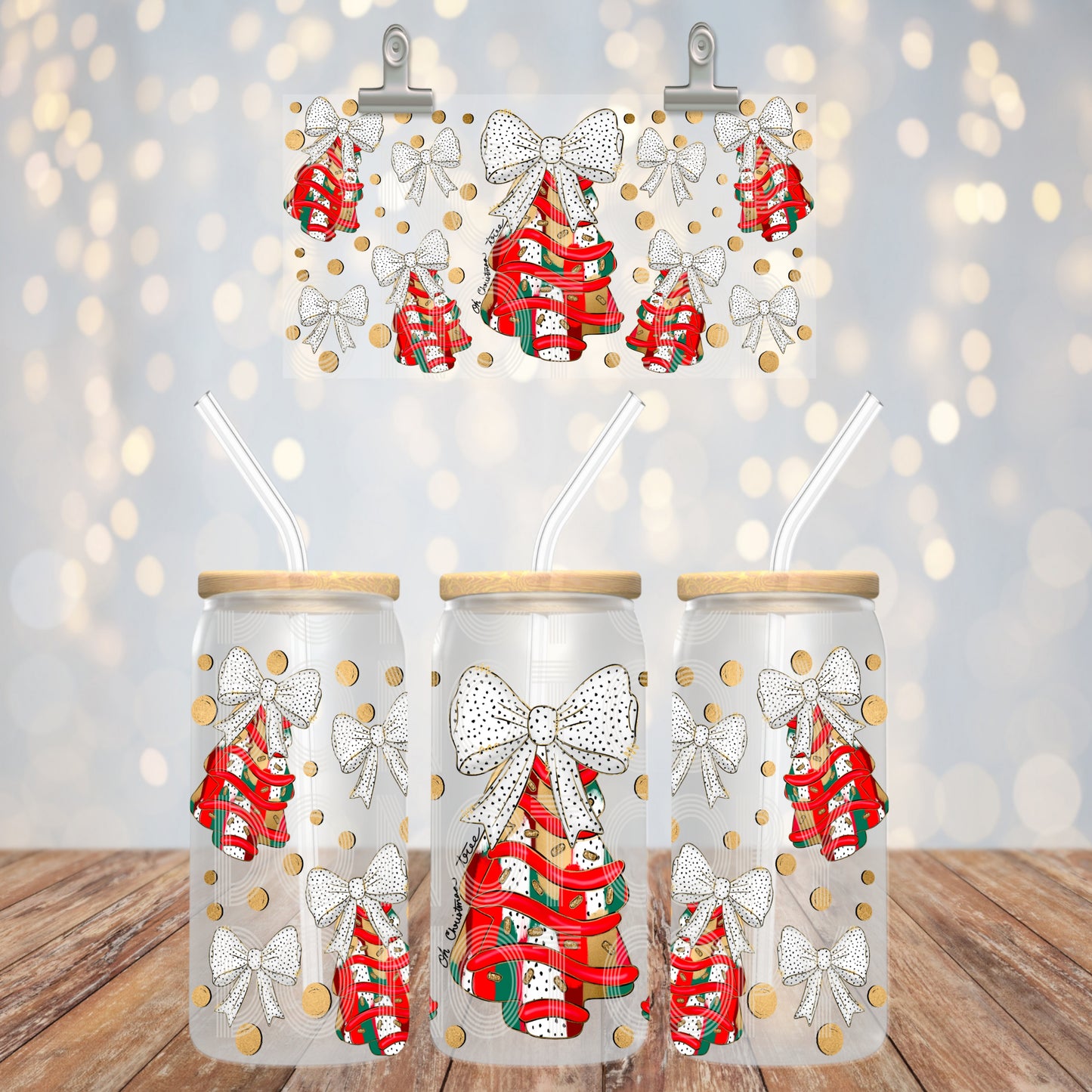 Patchwork Christmas tree bow coquette - UV dtf wrap 16oz libbey : PHDC O24