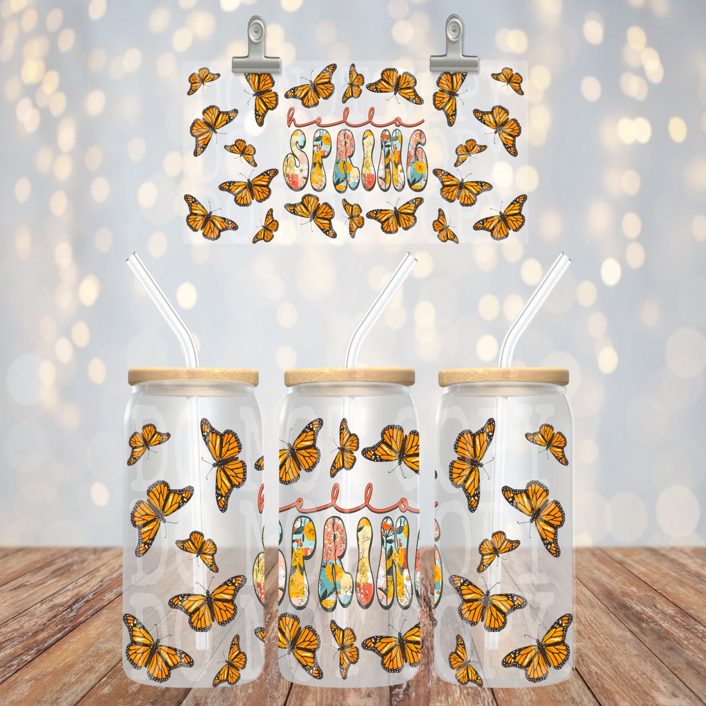 Hello Spring butterflies - UV dtf wrap 16oz libbey : PHDC