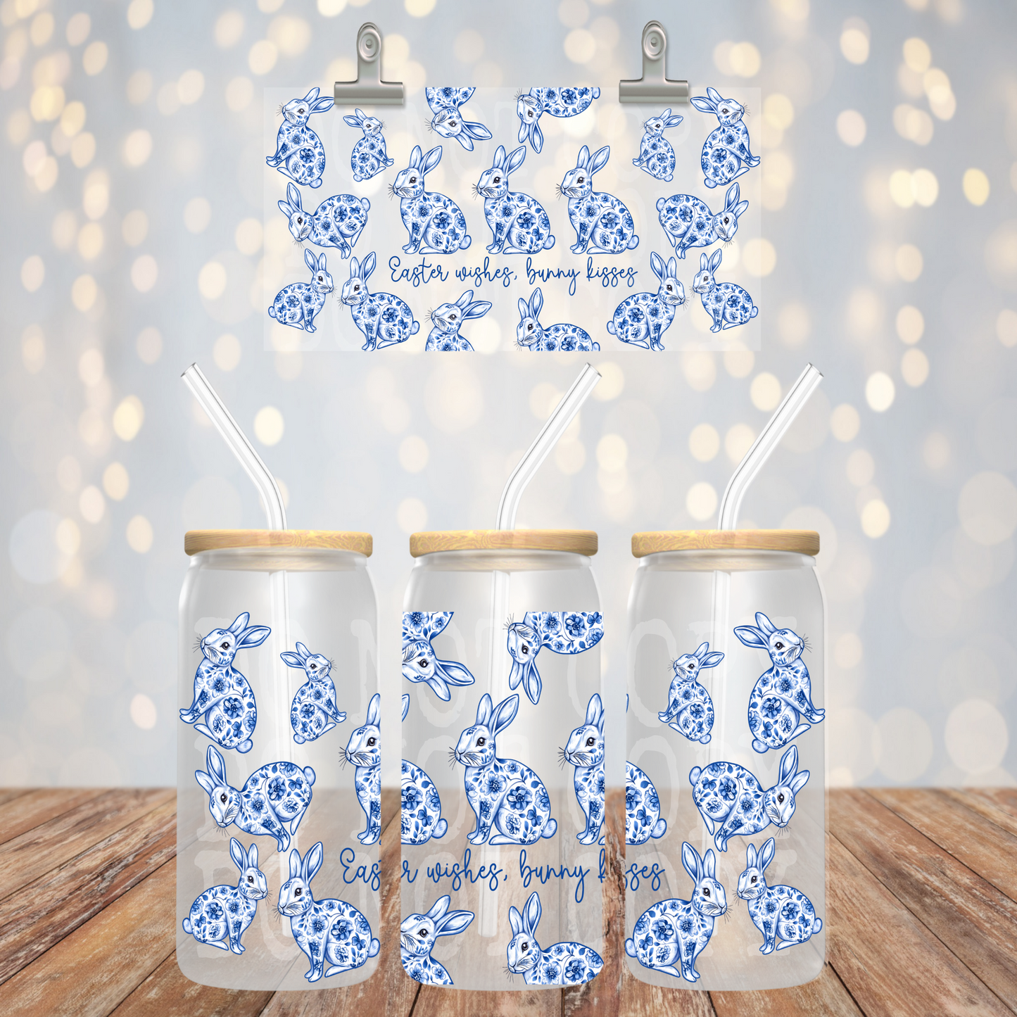 Easter wishes bunny kisses blue floral - UV dtf wrap 16oz libbey : PHDC