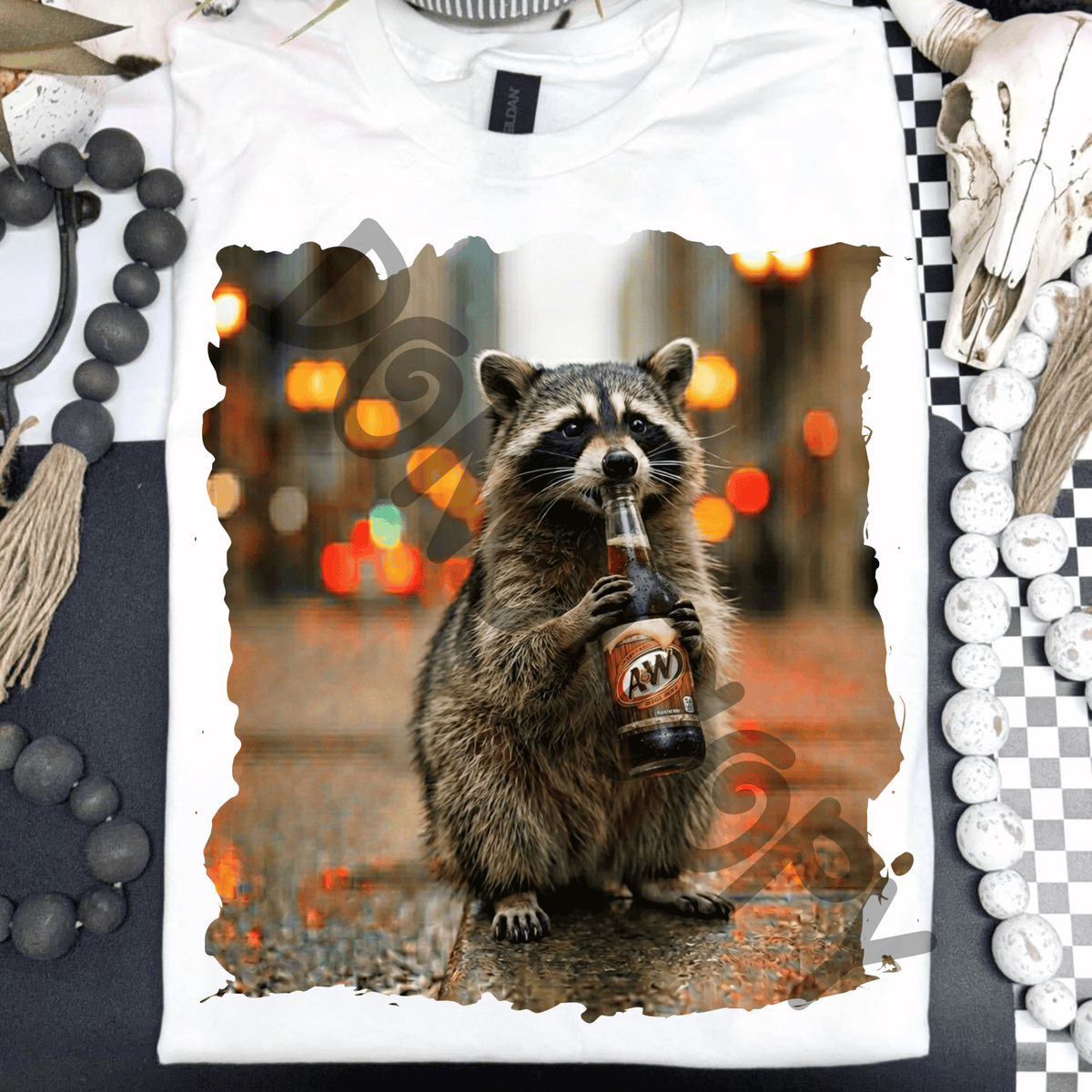 Raccoon drinking root beer - DTF TRANSFER (PVC)