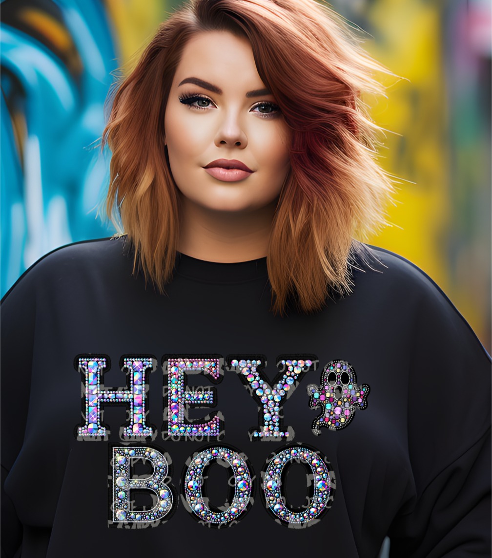 Hey boo ghost faux rhinestones - DTF TRANSFER (LCD)