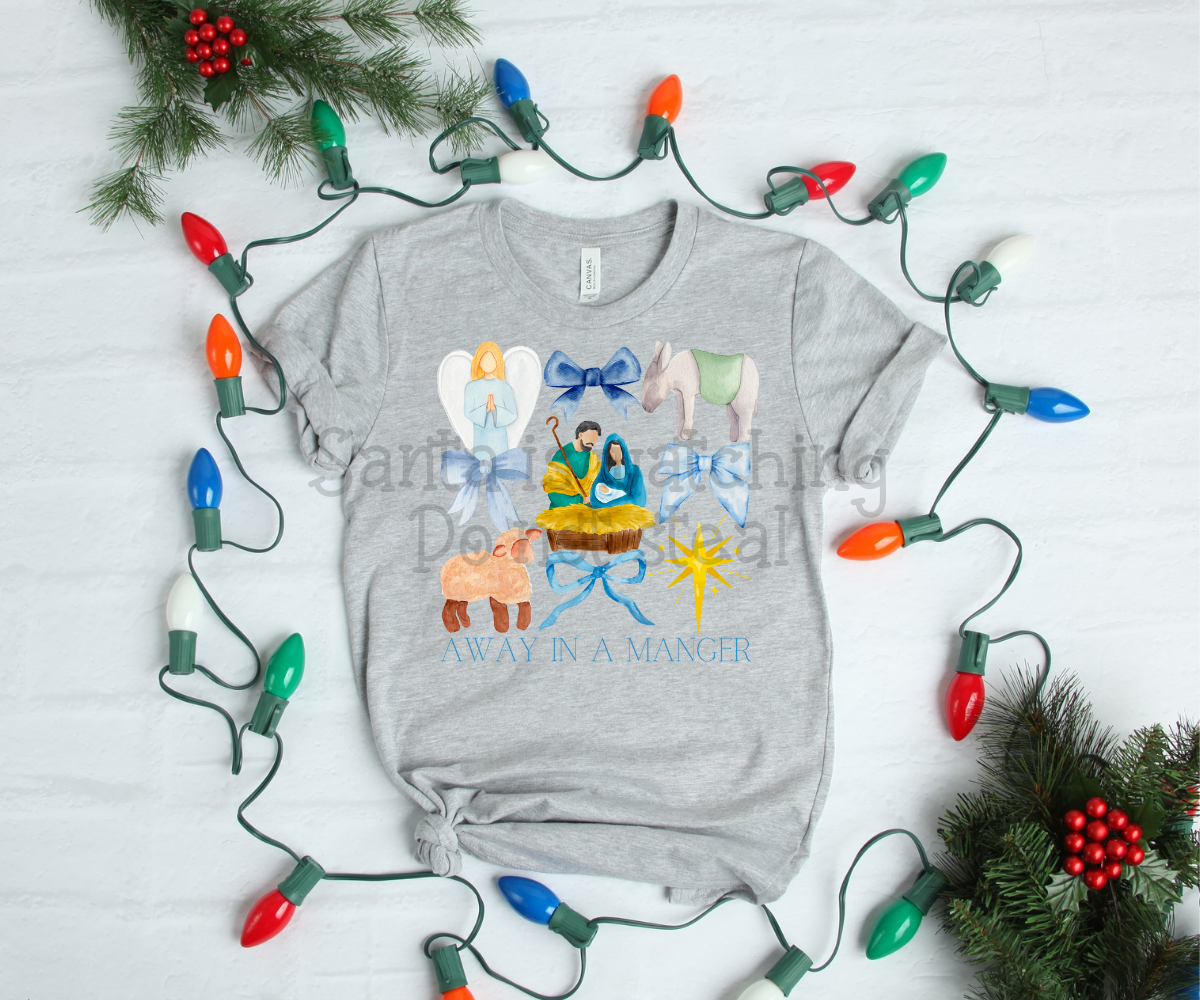 Away in a manger ; watercolor Christmas bow grid drop ; DTF TRANSFER