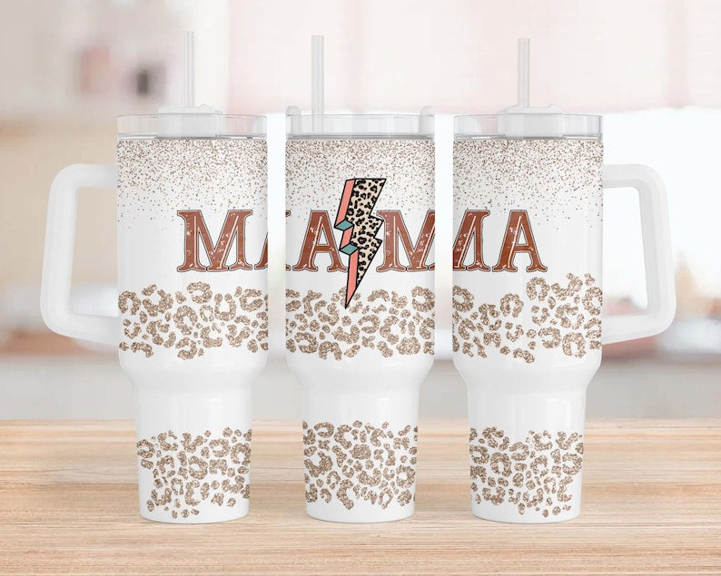 Mama beige lightening bolt ; UV DTF 40OZ TUMBLER Wraps (top & bottom)
