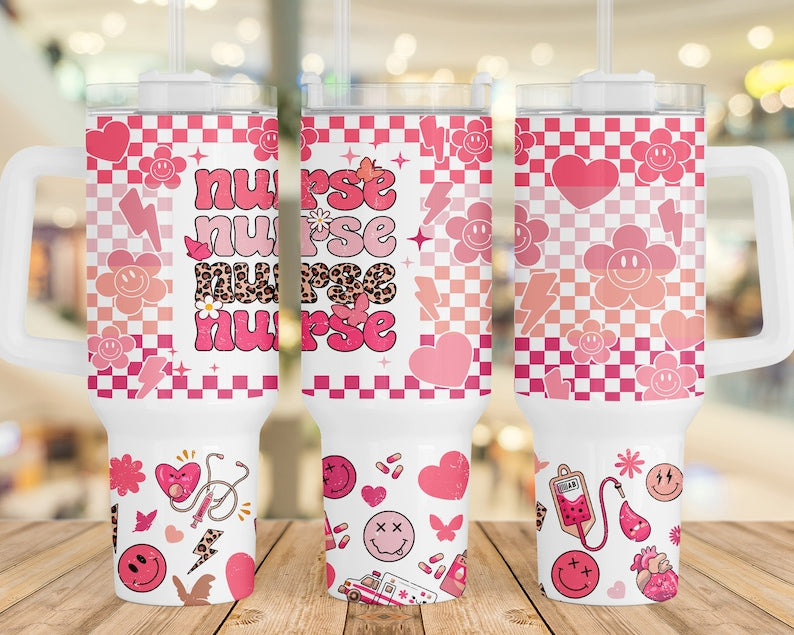 Nurse stacked pink ; UV DTF 40OZ TUMBLER Wrap (top & bottom)