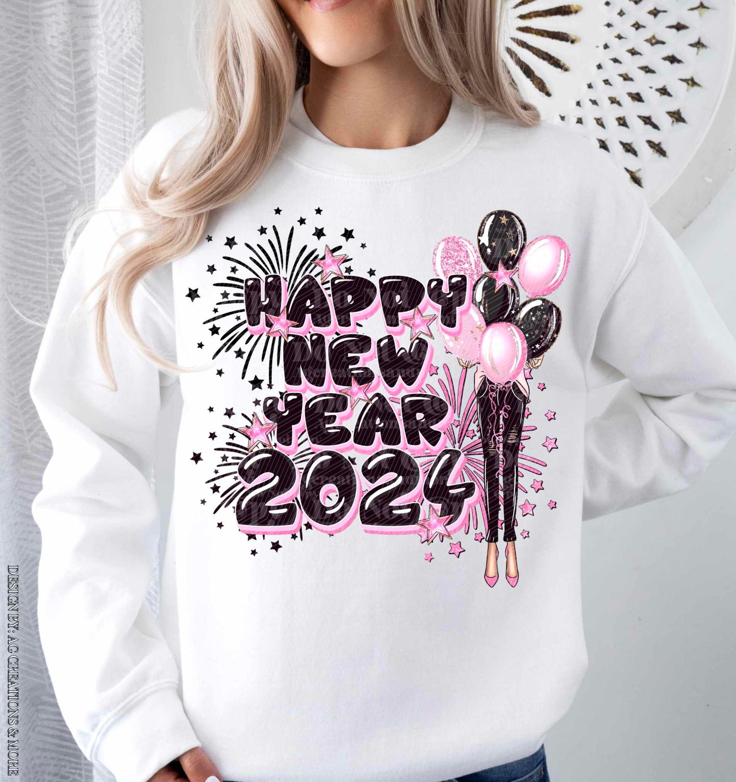 Happy New Year 2024 Pink/Black - DTF TRANSFER ONLY (AGCM)
