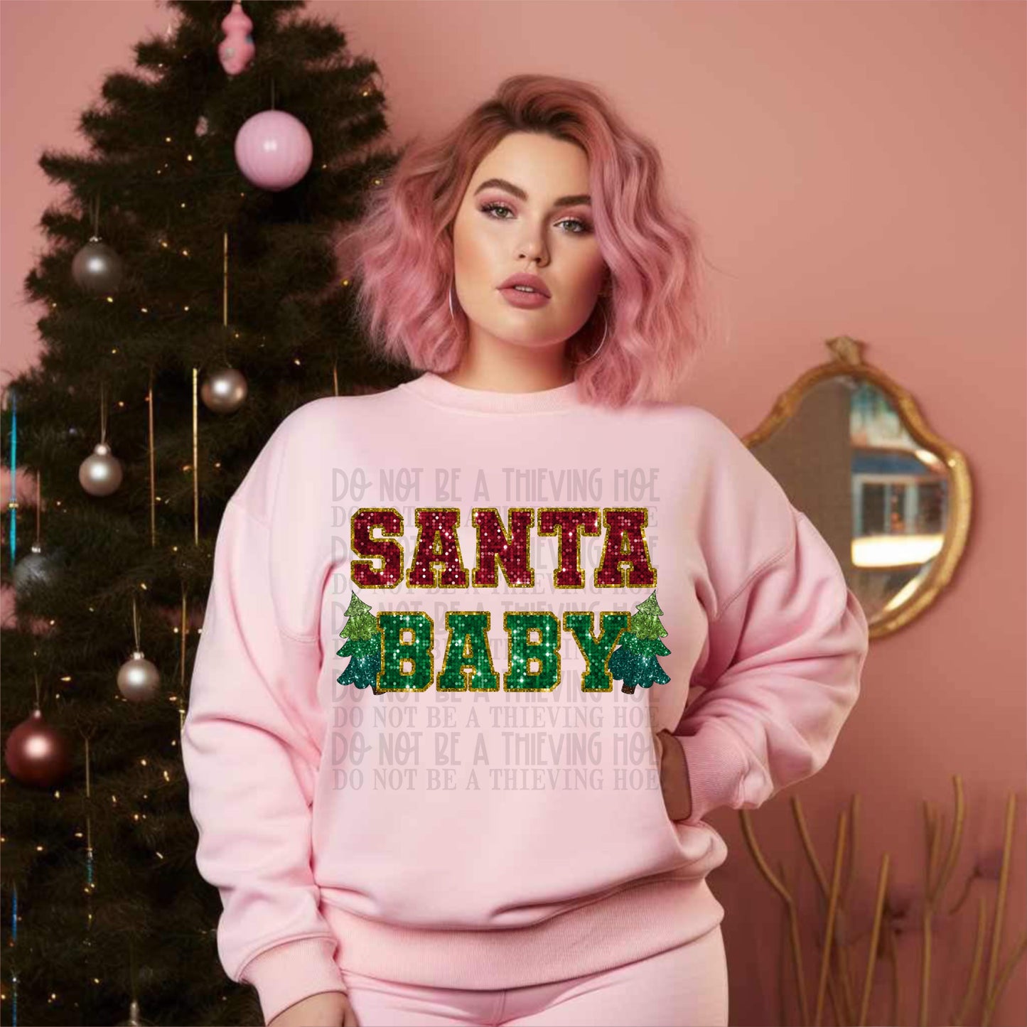 Red & Green Santa Baby faux sequins with trees - DTF TRANSFER ONLY (GGD)