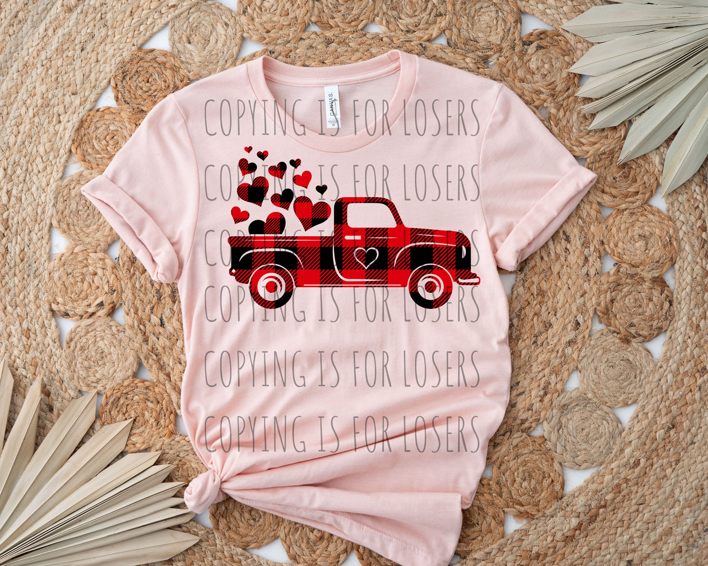 Buffalo plaid Truck with hearts TRANSFER ONLY