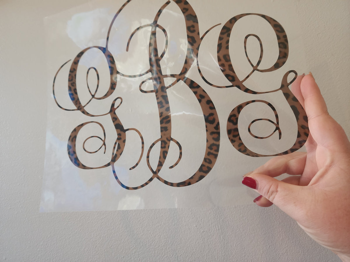 Monogram textured leopard print vinyl transfer