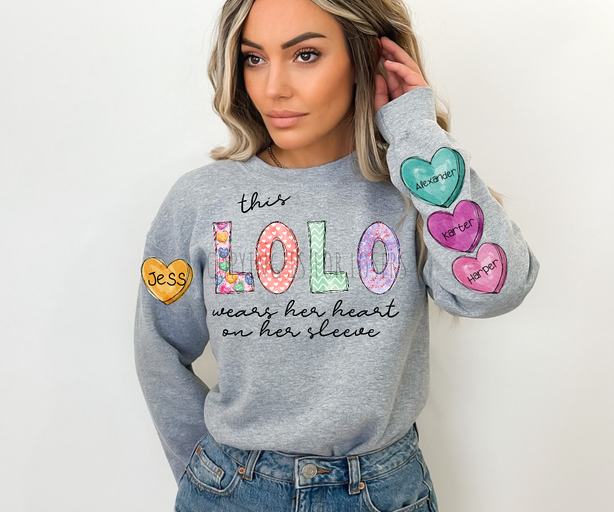 This Lolo wears her heart on her sleeve candy hearts custom with names TRANSFER ONLY