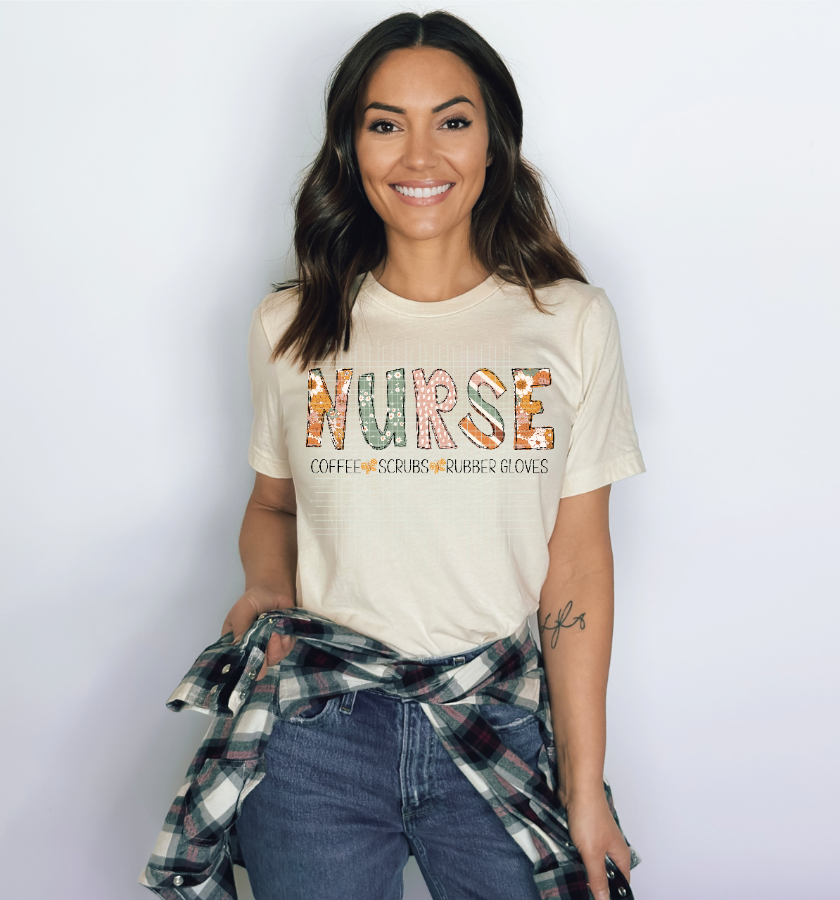 Nurse boho coffee, scrubs, rubber gloves - DTF direct to film transfer