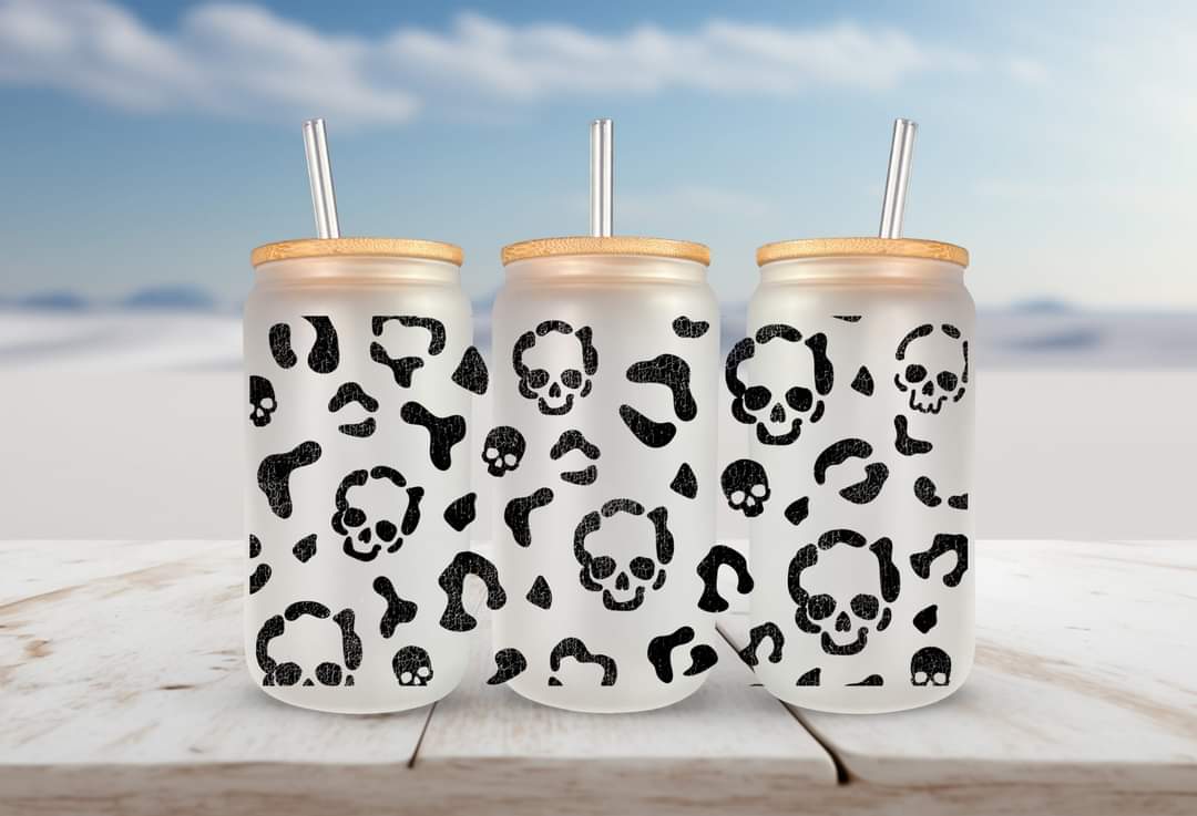 Skulls & cheetah print Libbey glass can 16oz UV DTF cup wrap