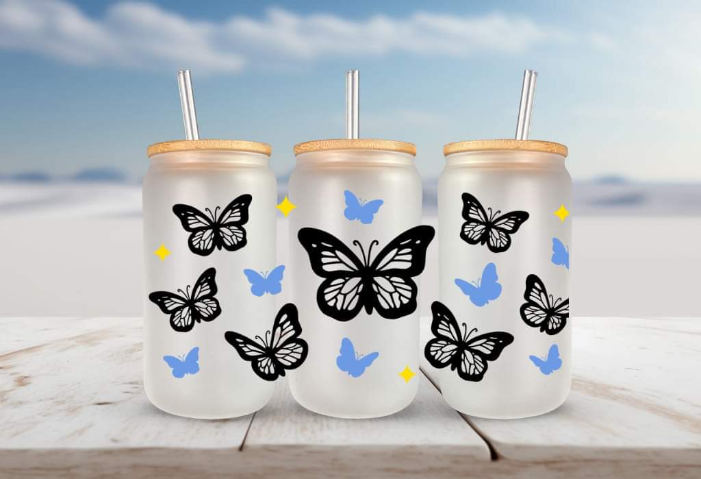 Blue and black butterflies FOR Libbey glass can 16oz UV DTF cup wrap decals for tumblers