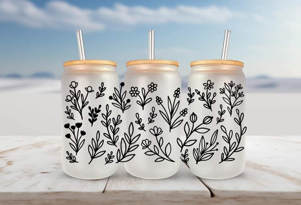 Simple flowers minimal black FOR Libbey glass can 16oz UV DTF cup wrap decals for tumblers